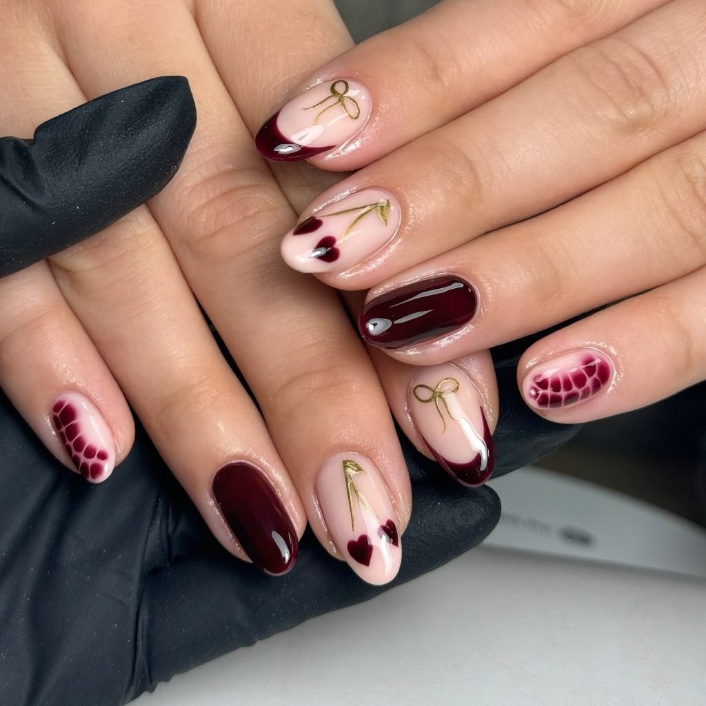 Elegant nail art with burgundy designs, gold accents, and heart motifs on manicured hands.