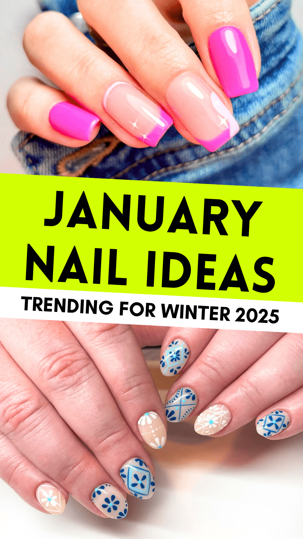 Bright pink and blue nail designs for January 2025, showcasing trendy winter nail art ideas.