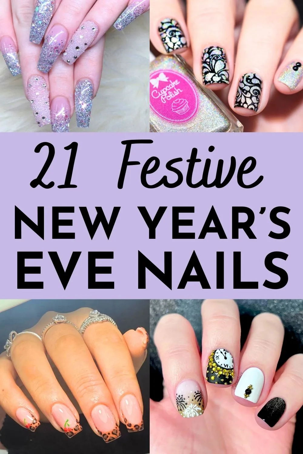 Festive New Year's Eve nail designs with sparkles, clocks, and floral patterns for a glamorous party look.