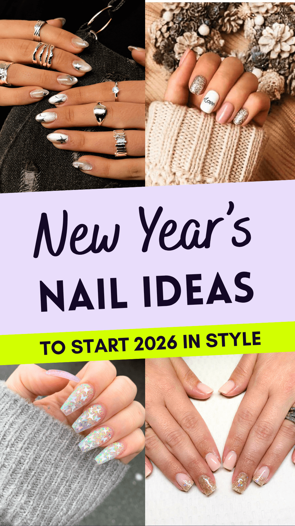 Trendy New Year nail designs for 2026 with glitter, stars, and cozy winter vibes. Celebrate in style!