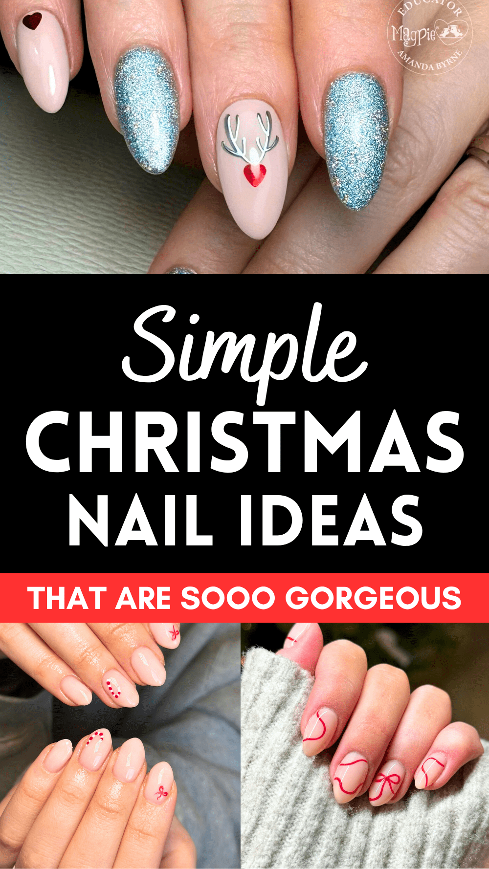 Christmas nail art ideas with glitter, reindeer antlers, and festive designs. Simple and gorgeous holiday manicure inspo.