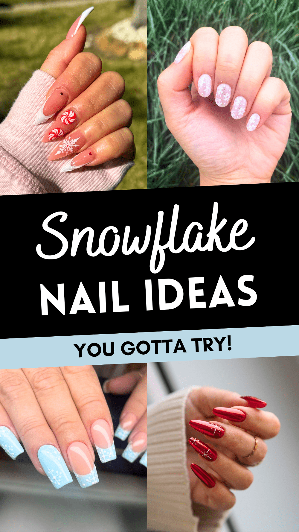 Festive snowflake nail designs in various colors and styles, perfect for winter fashion inspiration.