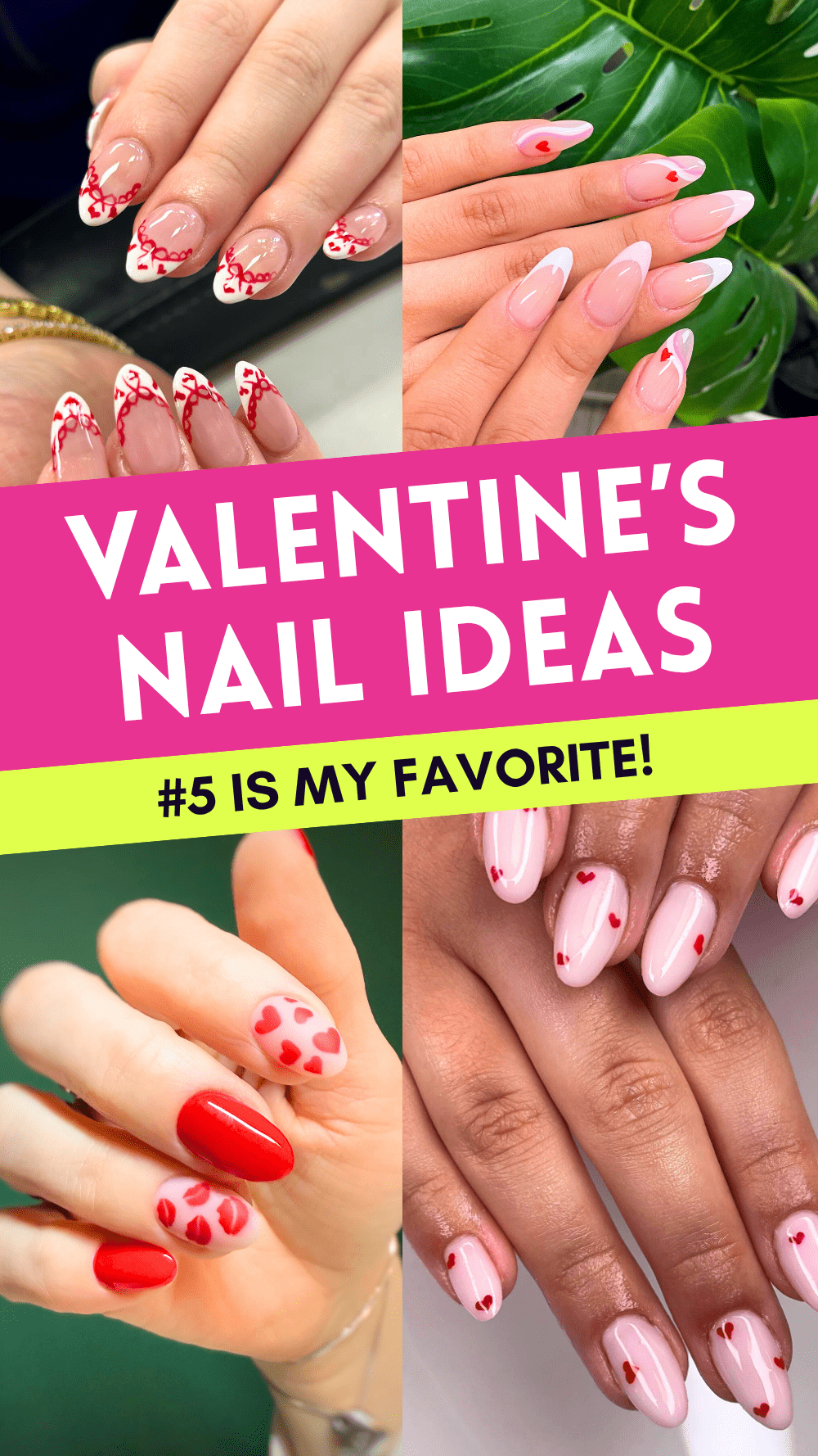 Valentine's Day nail art ideas with hearts in red and pink. Creative manicure inspirations for festive occasions.
