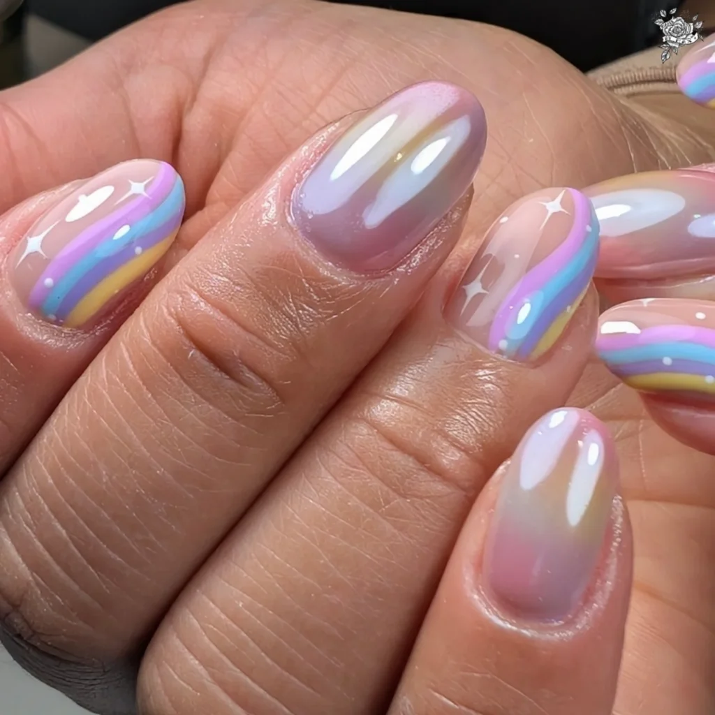 Colorful, glossy pastel ombre and striped nail art design with a glossy finish on manicured hands.