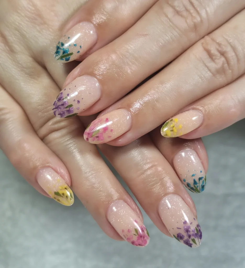 Floral nail art with colorful tips, featuring pink, purple, blue, and yellow designs on manicured hands.