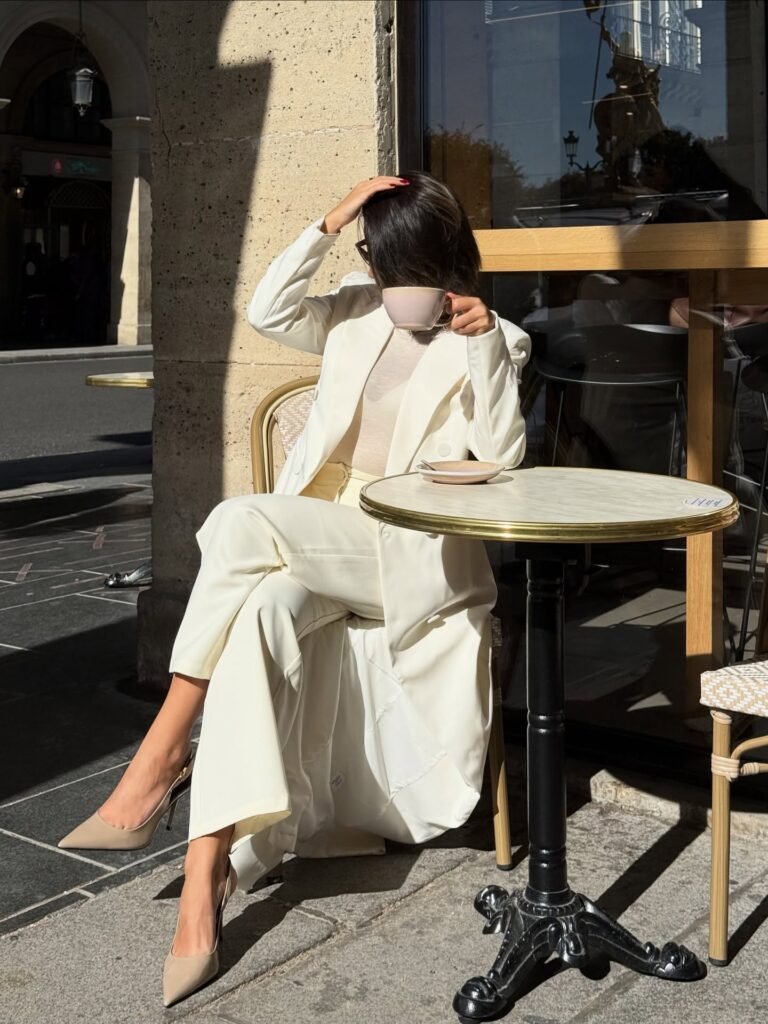 Chic woman in white suit sipping coffee at a Parisian café outdoor table in sunlight.