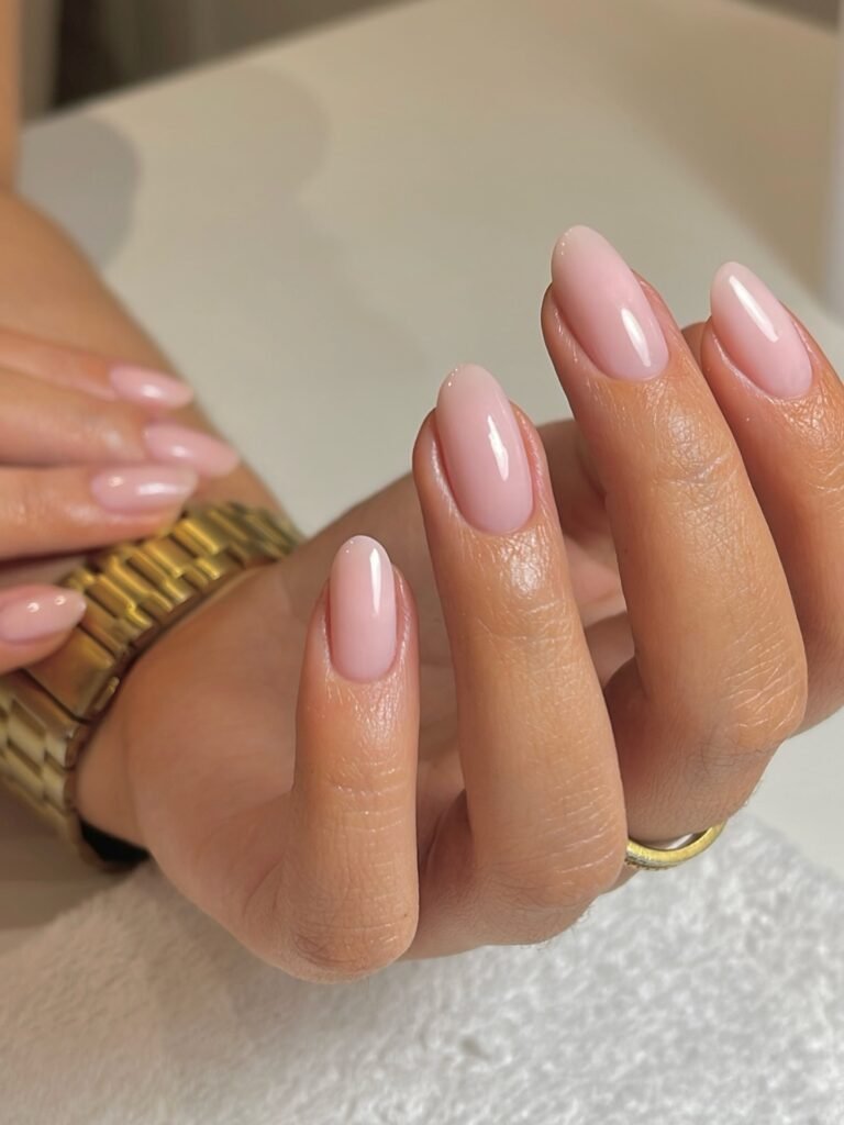 Elegant pink manicure with glossy finish on oval-shaped nails, right hand with gold watch visible.
