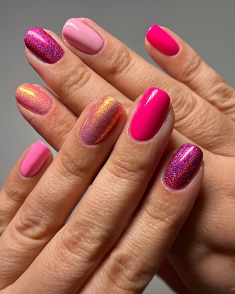 Vibrant pink and glitter gradient manicure on neatly shaped nails.
