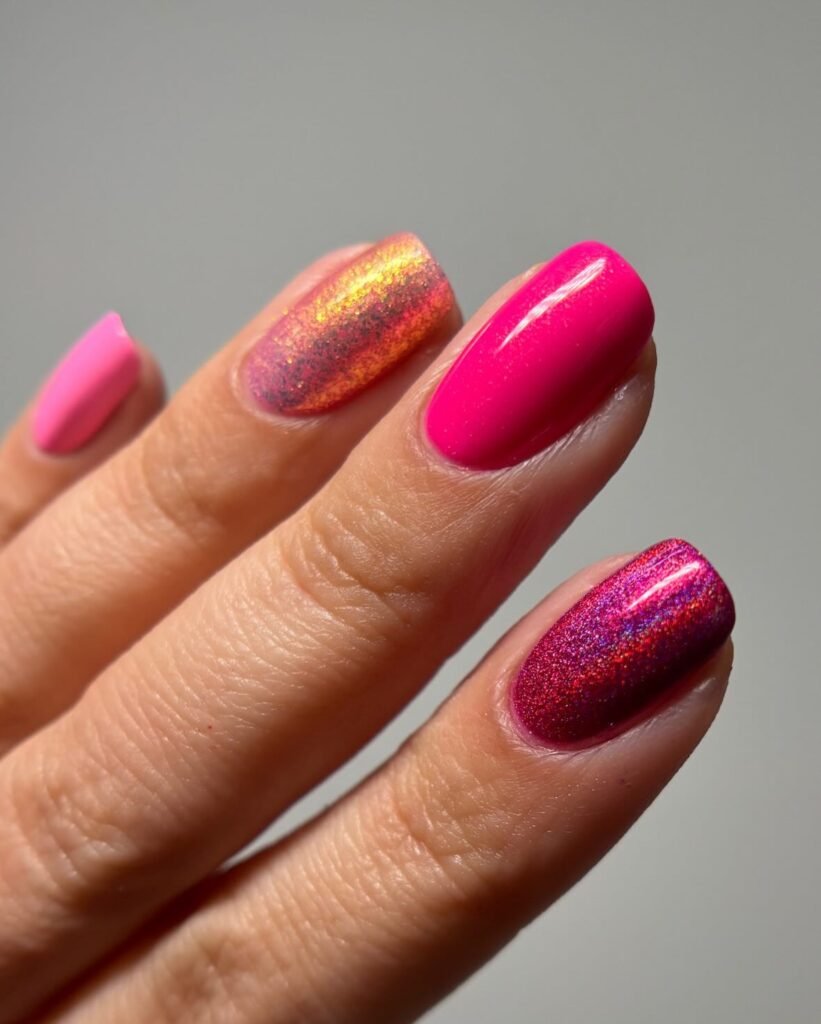 Colorful nail art with pink, orange, and glitter polish on manicured nails, showcasing vibrant nail design trends.