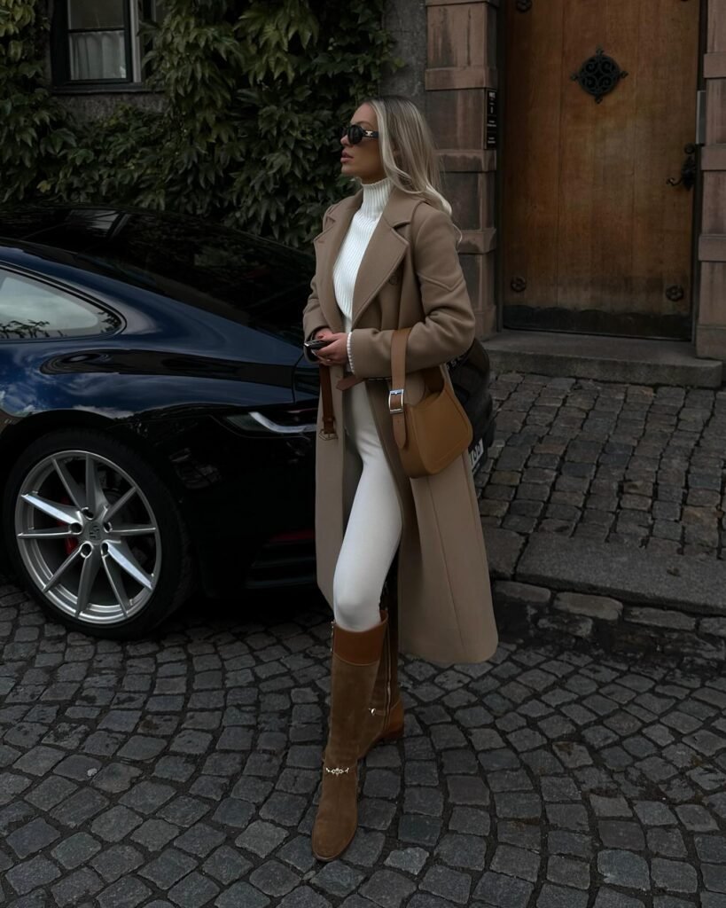 Stylish woman in a beige coat and boots stands by a black car on a cobbled street.