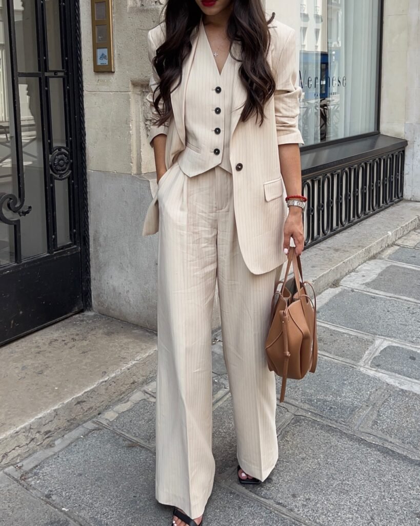 Woman in stylish beige pinstripe suit with a tan handbag stands on a city street.