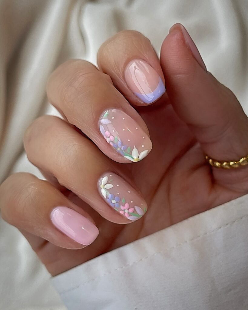 Pastel floral nail art design with pink and purple accents on manicured nails.