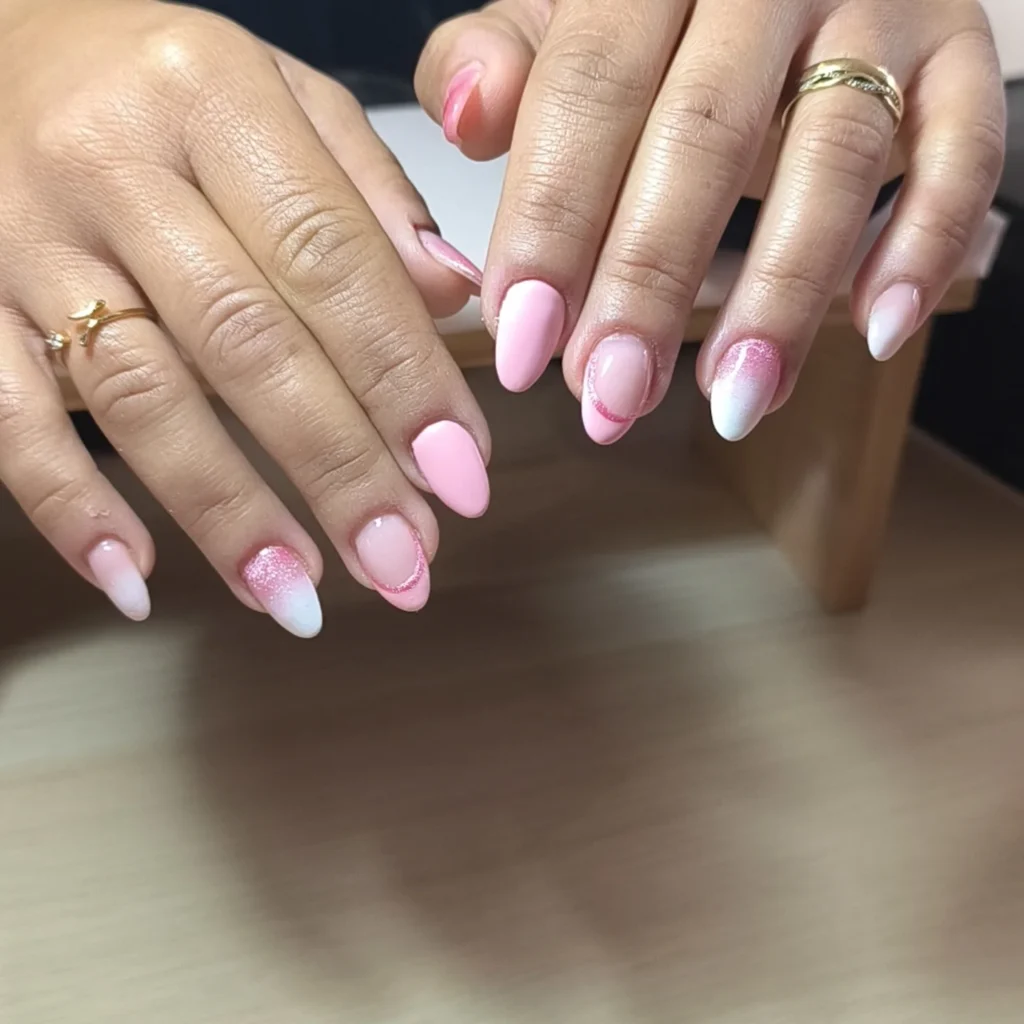 Stylish pink nail art with gradient and glitter accents on manicured hands.