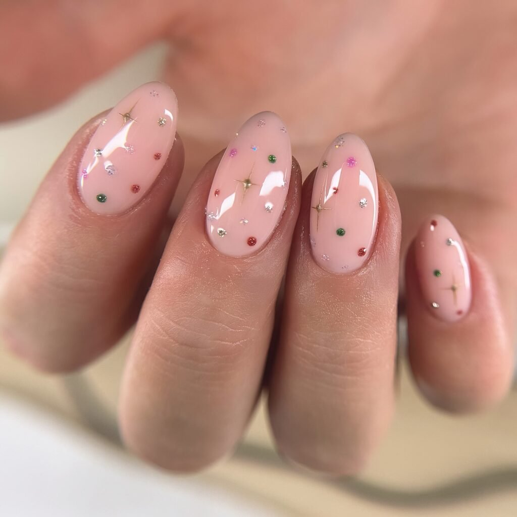 Glossy pink nails with colorful star confetti design, featuring intricate details and a smooth finish.