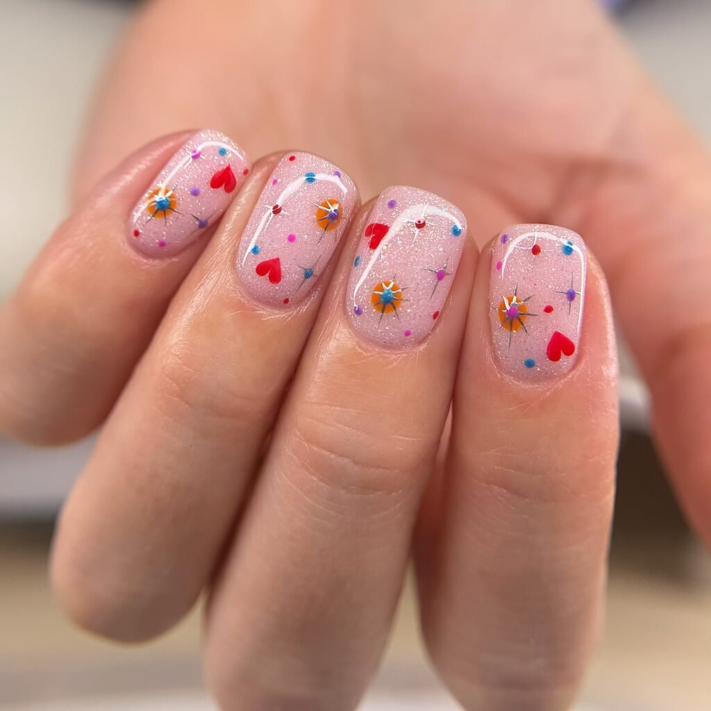 Colorful and playful nail art with red hearts on a pink glittery base, perfect for a fun manicure look.