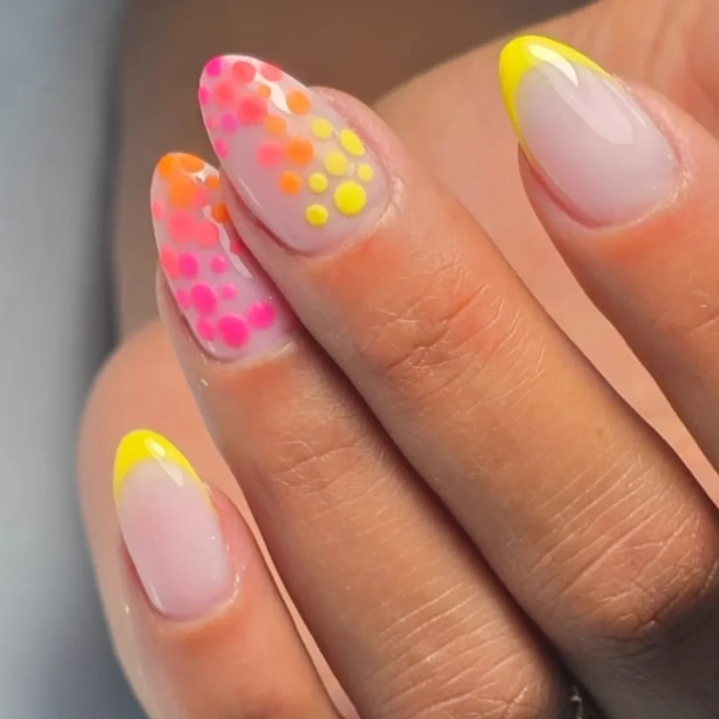 Colorful polka dot and yellow-tipped nail art on manicured hand, showcasing trendy and vibrant nail design.