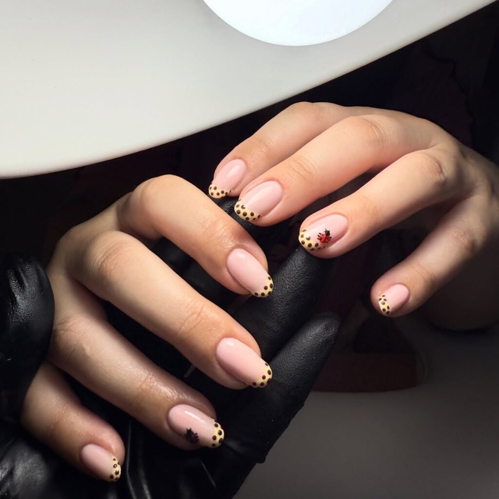 Stylish nude nails with leopard print tips and ladybug design under a bright light, held by a gloved hand.
