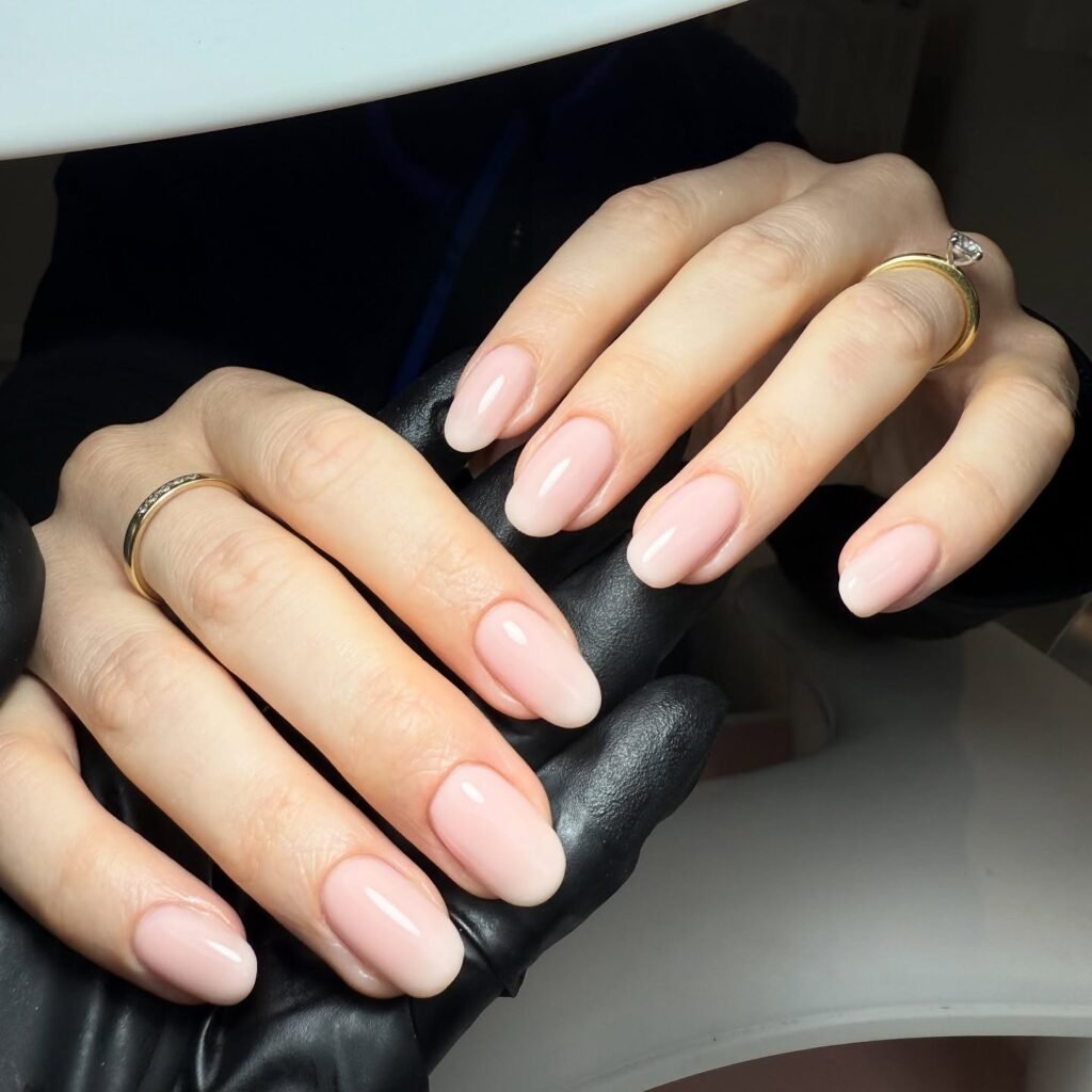 Elegant nude pink manicured nails with rings on both hands, resting on a gloved hand.