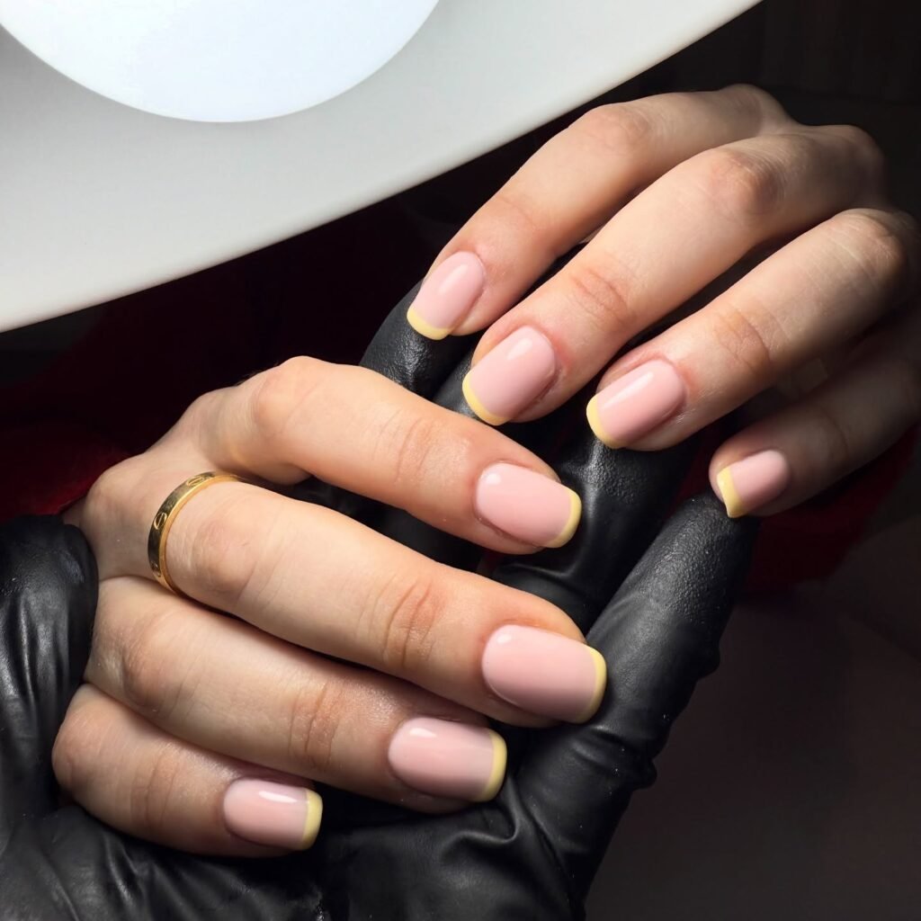 Elegant manicure with soft pink nails and yellow tips, held by gloved hands, showcasing stylish nail art.