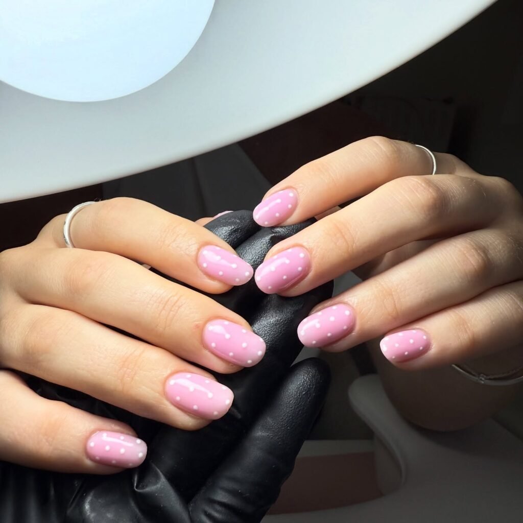 Pink polka dot nail art on manicured hands under a lamp, showcasing elegant and stylish nail design.