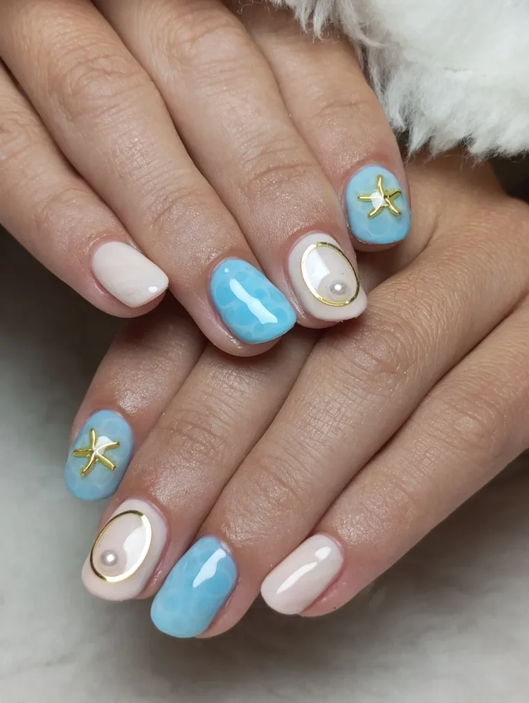 Ocean-themed nail art with blue and white polish, starfish, and pearl embellishments for a beach-inspired look.