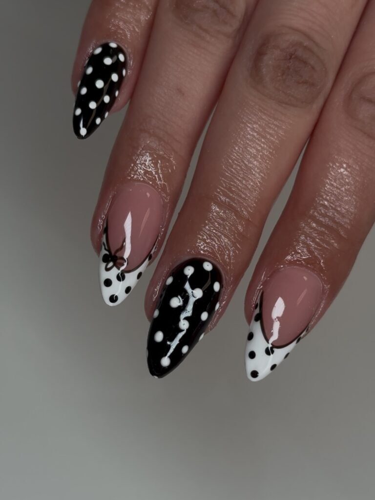 Black and white polka dot nail art with glossy finish on a medium-length manicured hand.