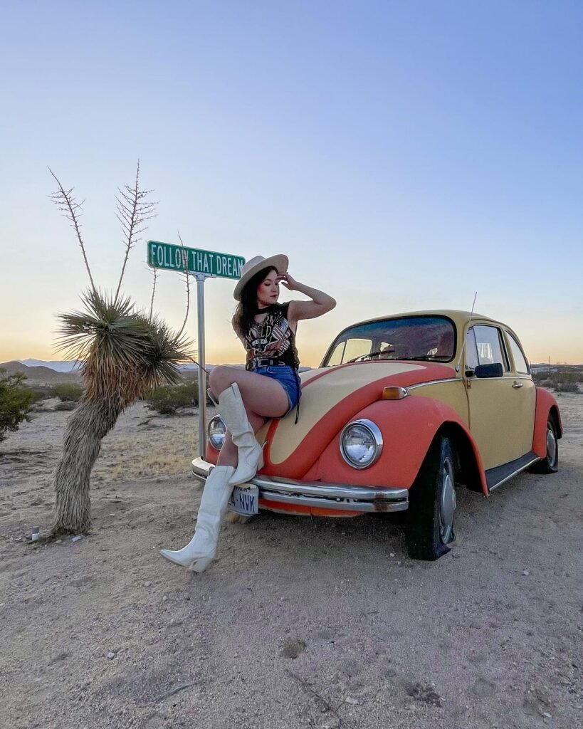 Woman in hat, sitting on vintage car in desert, near Follow That Dream sign, at sunset.