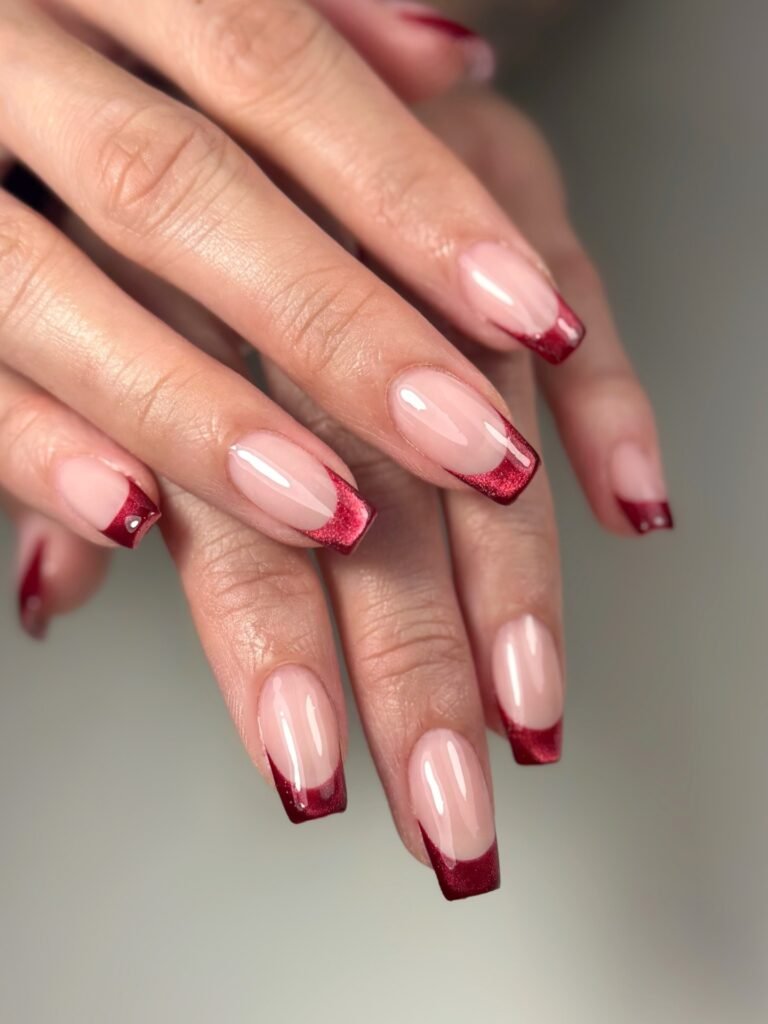 Glossy nails with burgundy French tips and rhinestone accents on a light background. Stylish nail art design.