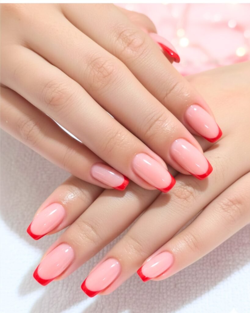 Elegant hands with glossy pink nails and vibrant red tips on a soft background.
