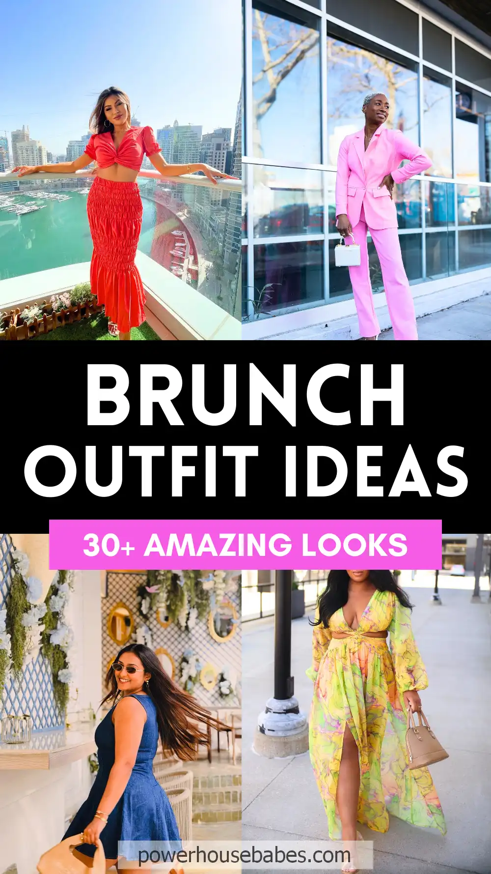 Women in stylish brunch outfits: red dress, pink suit, blue dress, yellow-green floral dress. 30+ fashion ideas.