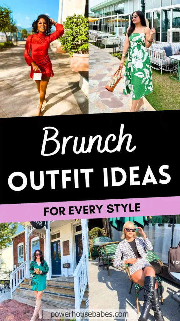 Brunch outfit ideas for every style featuring four women in stylish dresses and accessories.