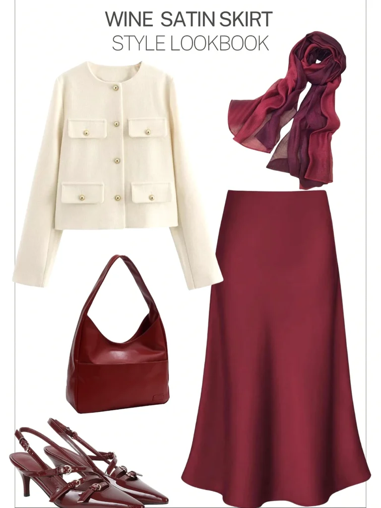 Wine satin skirt style lookbook with cream jacket, matching scarf, handbag, and heels. Perfect for elegant occasions.