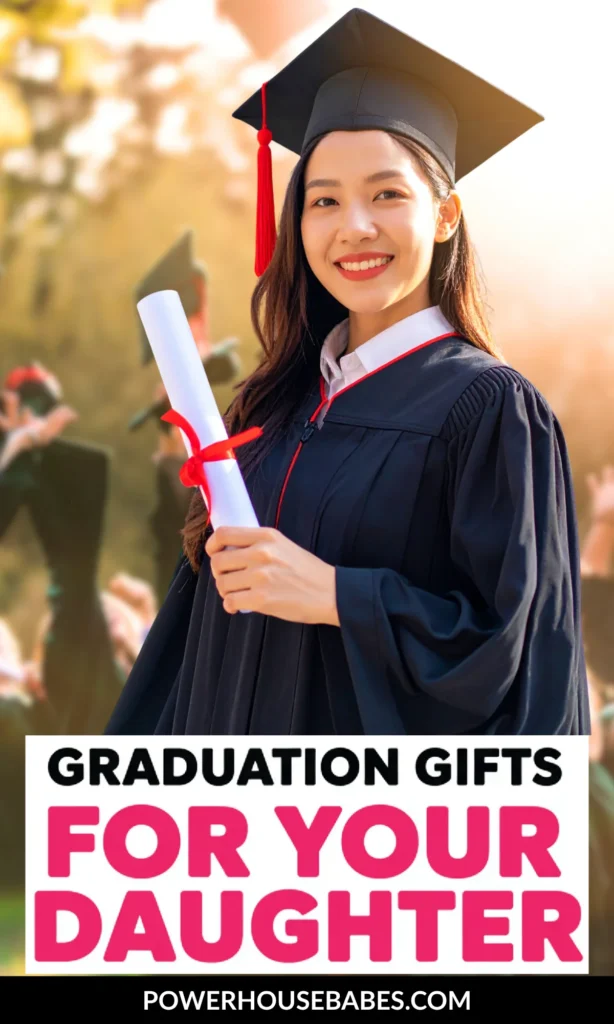 Smiling graduate in cap and gown holding diploma, representing graduation gift ideas for daughters.