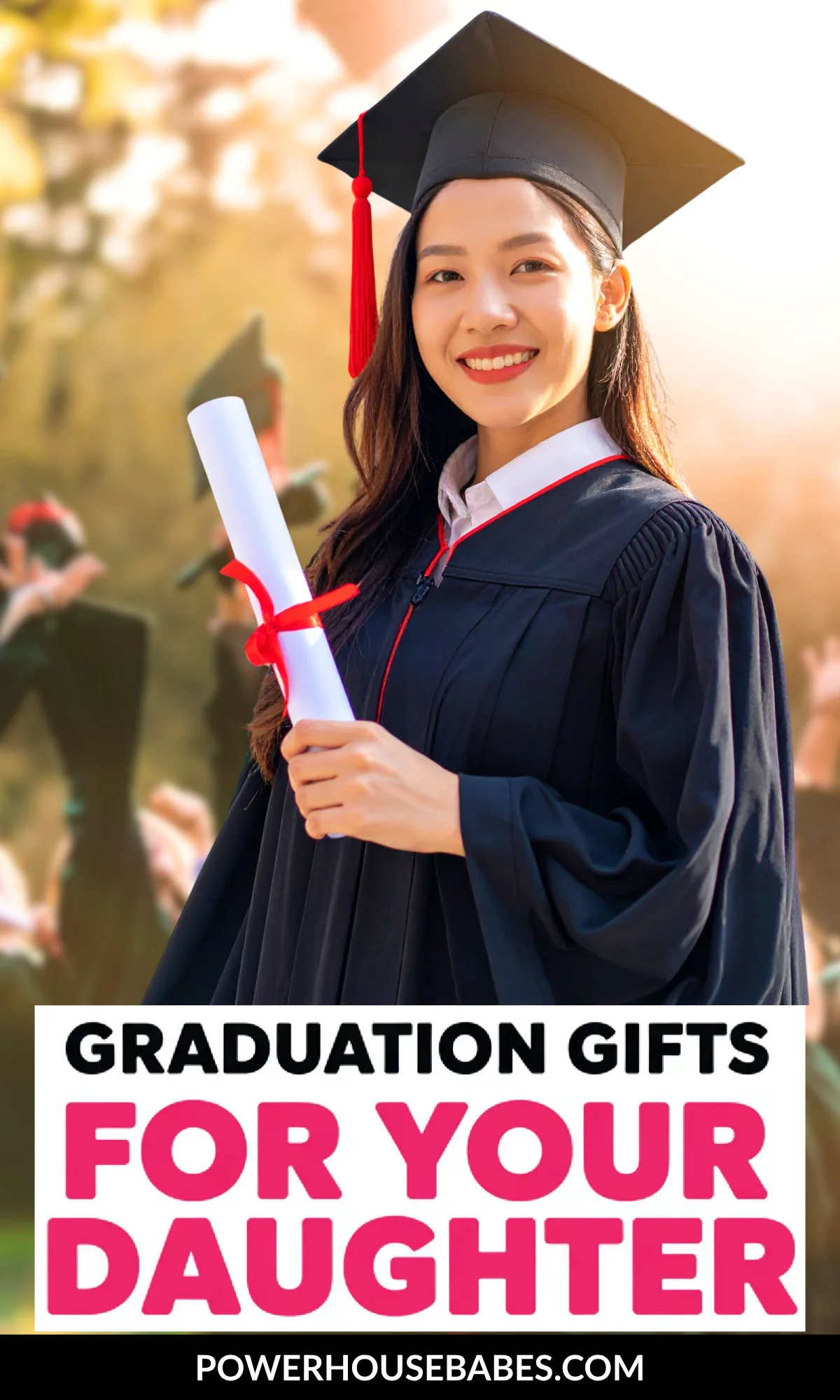 Smiling graduate in cap and gown holding diploma, representing graduation gift ideas for daughters.