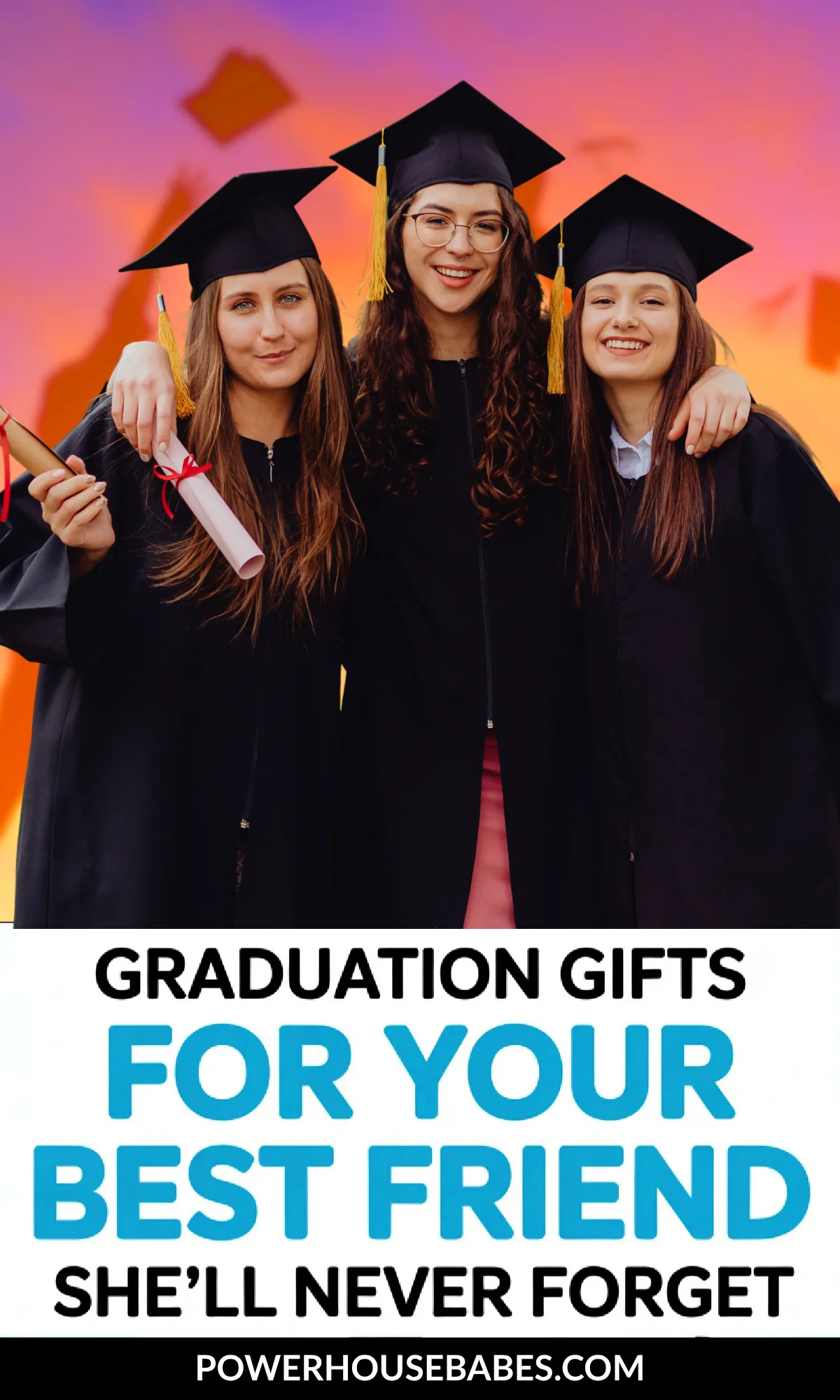 Three graduates celebrating with diplomas, showcasing unique graduation gifts for best friends.