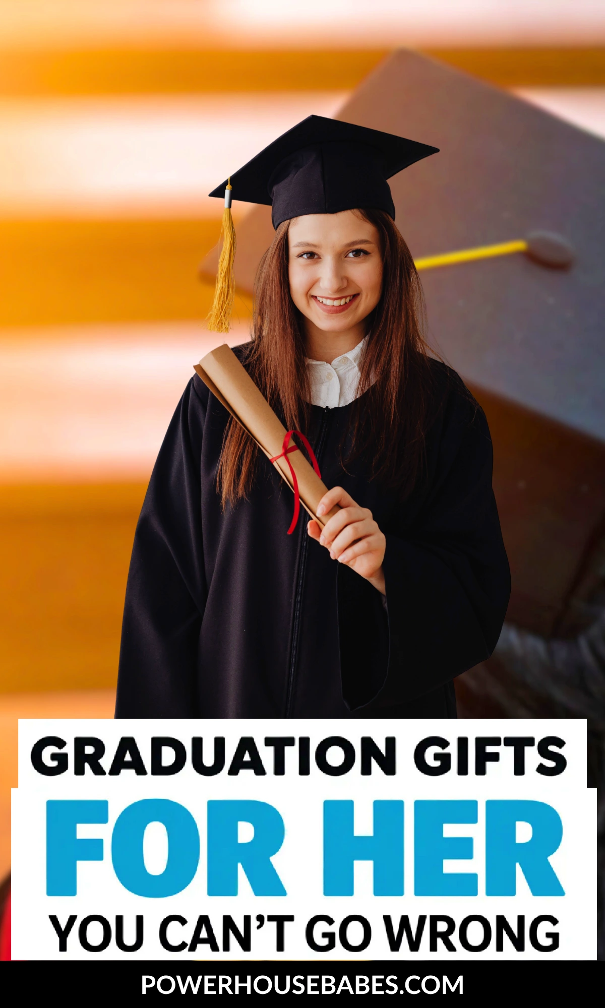 Smiling graduate in cap and gown holding diploma, promoting ideal graduation gifts for her.