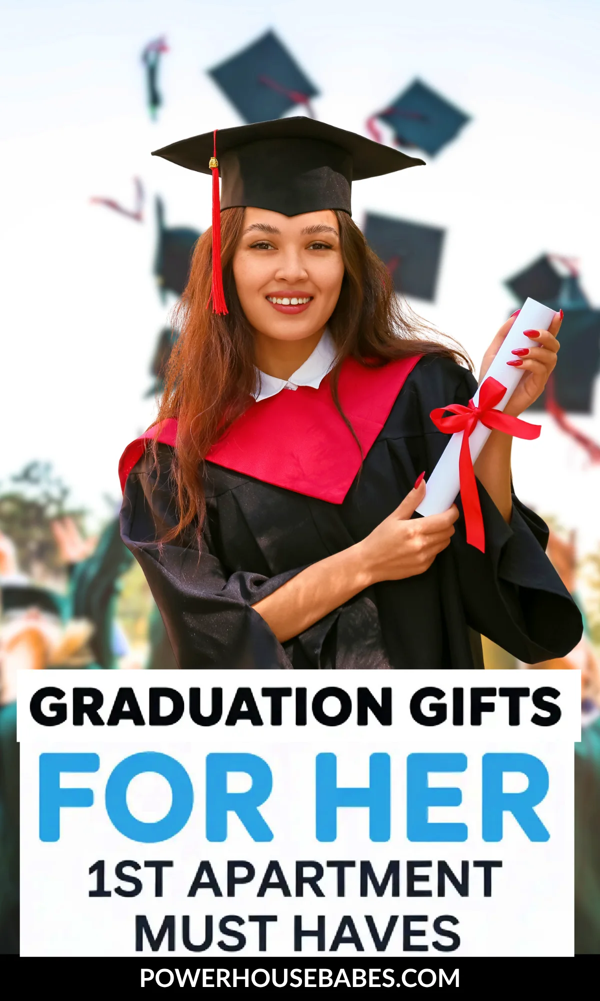 Young woman in graduation cap and gown, celebrating with a diploma, promoting must-have gifts for her first apartment.