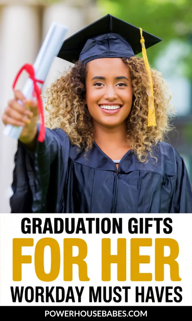 Smiling graduate in cap and gown holds diploma, celebrating achievement. Graduation gifts for her and workday essentials featured.