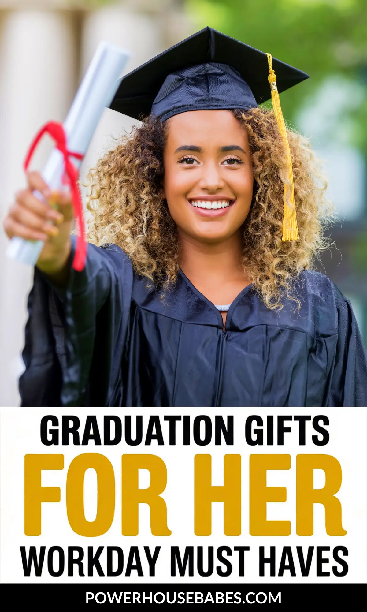 Smiling graduate in cap and gown holds diploma, celebrating achievement. Graduation gifts for her and workday essentials featured.