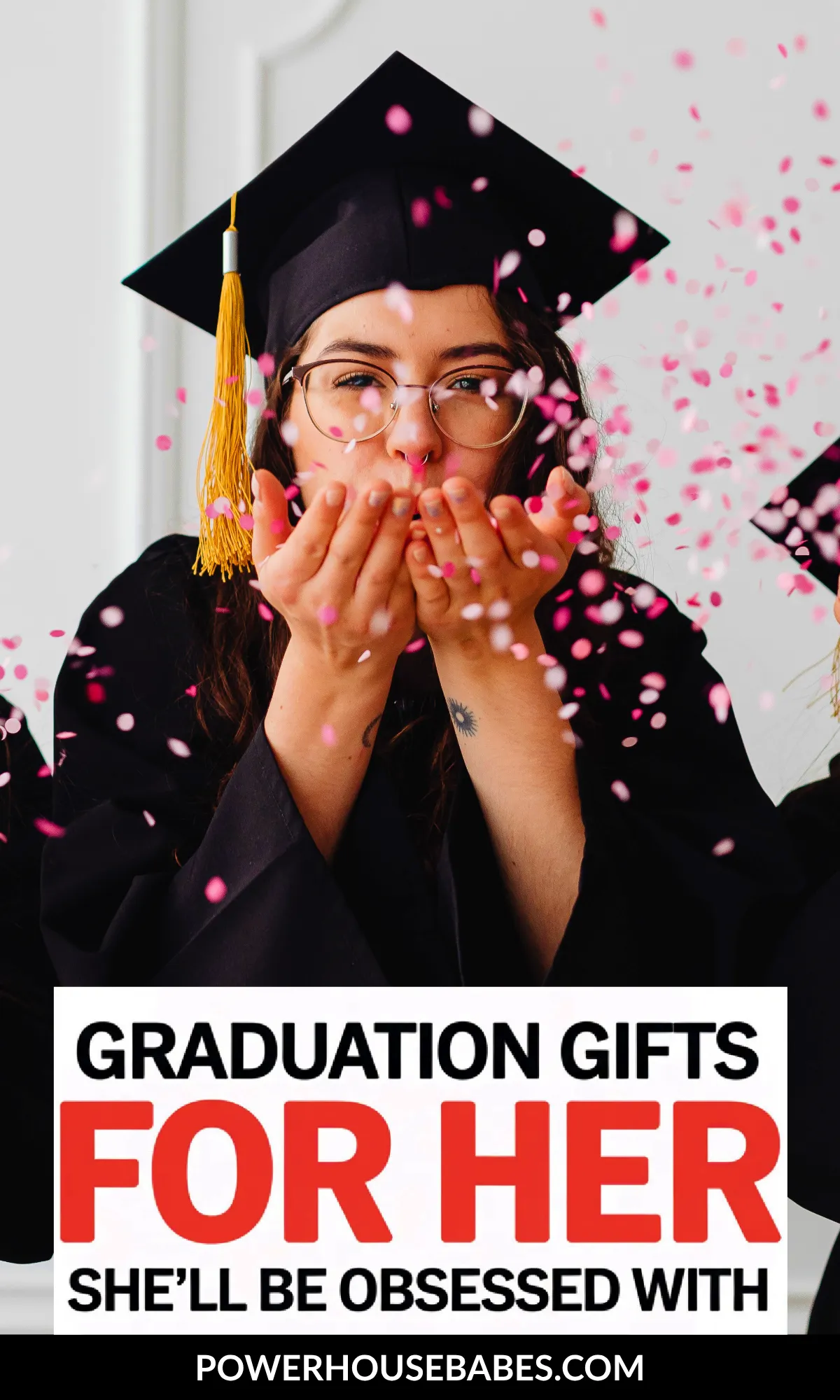 Graduate celebrating with confetti, showcasing unique gifts for her graduation. Perfect ideas for special occasions!